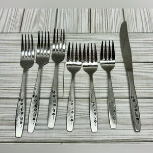 Vintage Northland Triana Stainless Steel Forks Knife Rose Pattern Korea Lot of 7